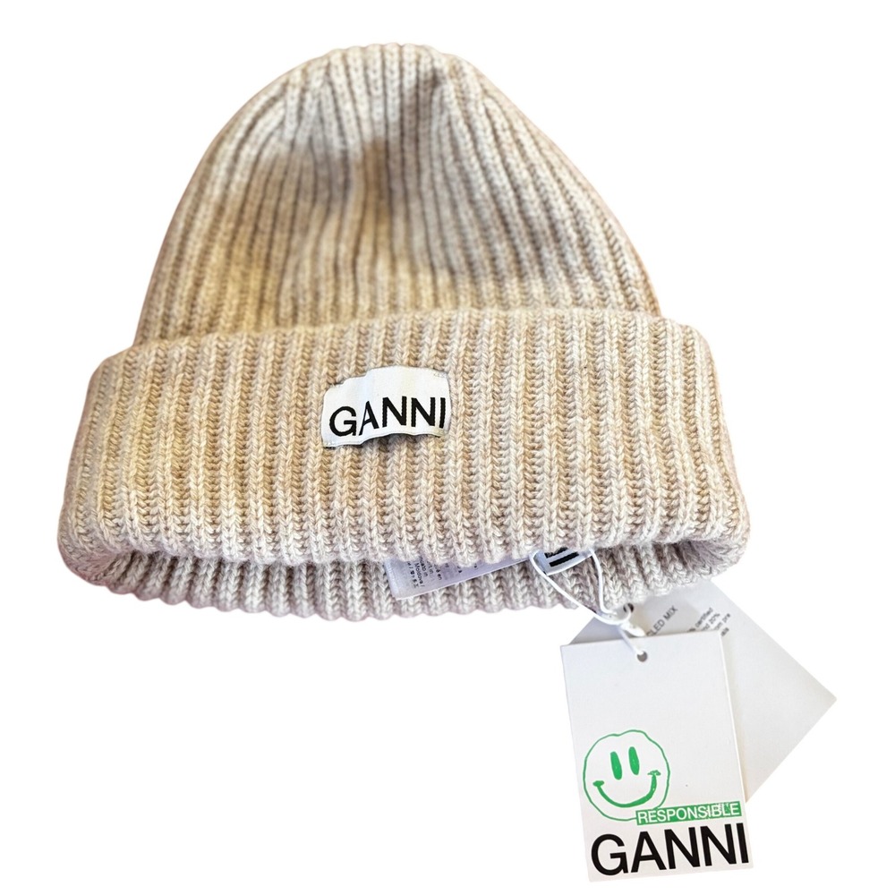 GANNI Womens Ribbed Knit Beanie NWT Brazilian Sand Logo Cuffed Wool Hat